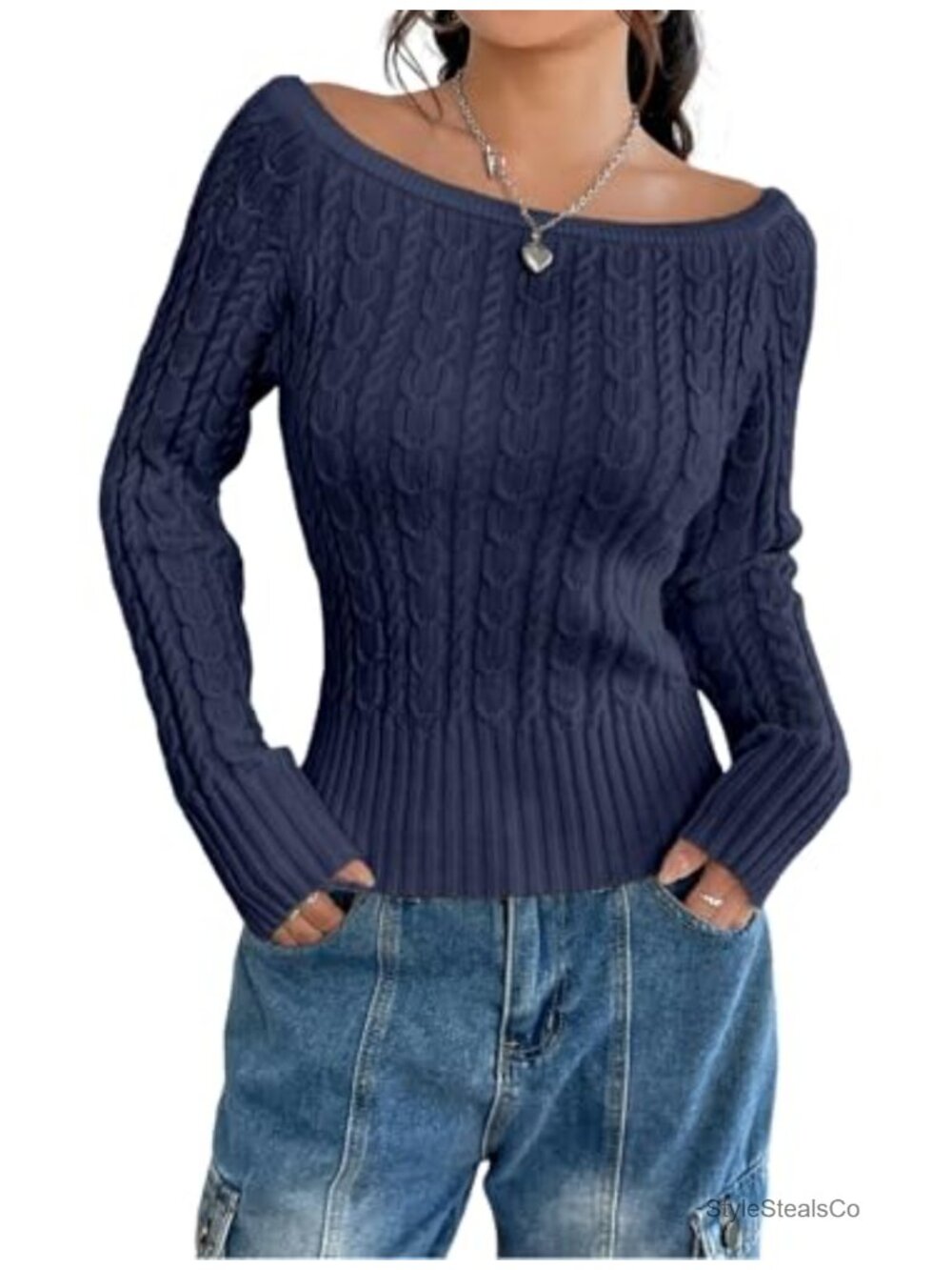 Cable Knit Sweater Boat Neck Off Shoulder Pullover